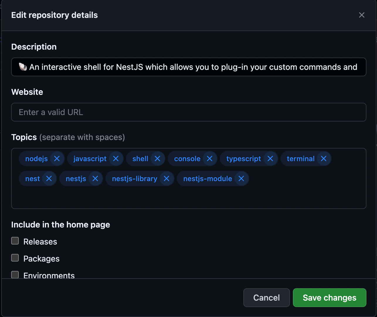 Github's project description modal
