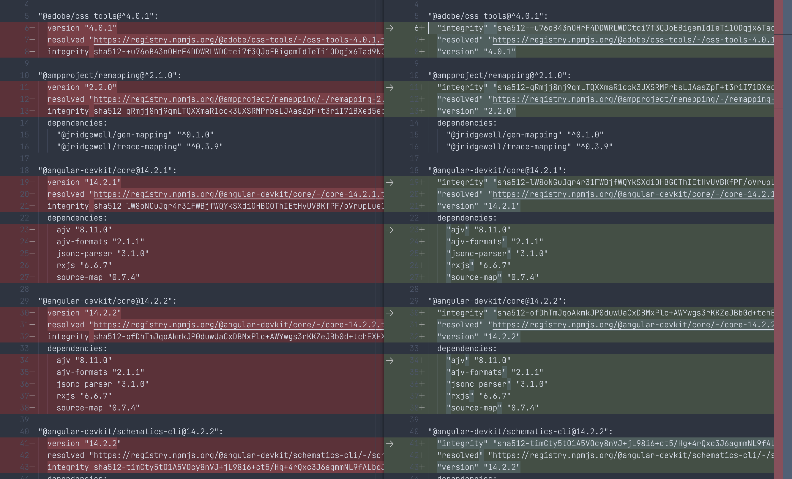 Screenshot of big yarn.lock diff
